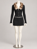 So Iconic Two Piece Set Black (No Discount) on an ivory display mannequin; AI-generated styling visualization. Original product photos retained for reference.