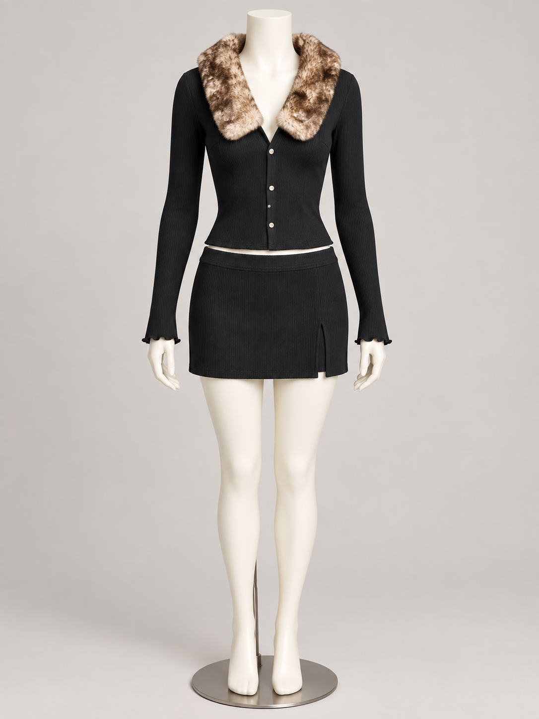 So Iconic Two Piece Set Black (No Discount) on an ivory display mannequin; AI-generated styling visualization. Original product photos retained for reference.