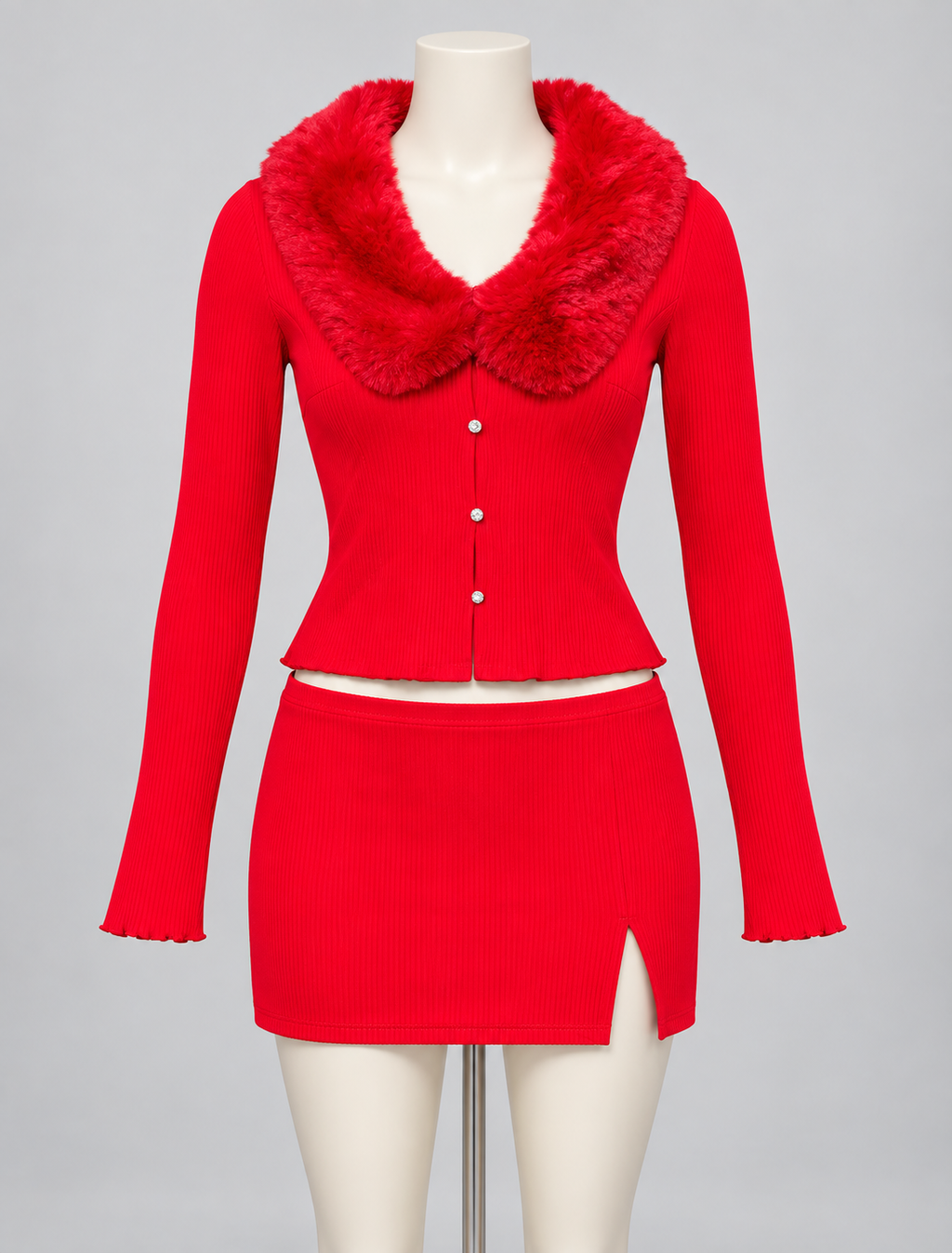 So Iconic Two Piece Set Red (No Discount) on an ivory display mannequin; AI-generated styling visualization. Original product photos retained for reference.