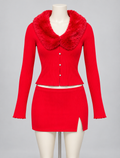 So Iconic Two Piece Set Red (No Discount) on an ivory display mannequin; AI-generated styling visualization. Original product photos retained for reference.