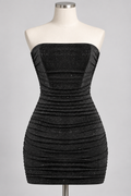 Standing Out Strapless Glitter Mini Dress Black on an ivory display mannequin; AI-generated styling visualization. Original product photos retained for reference.