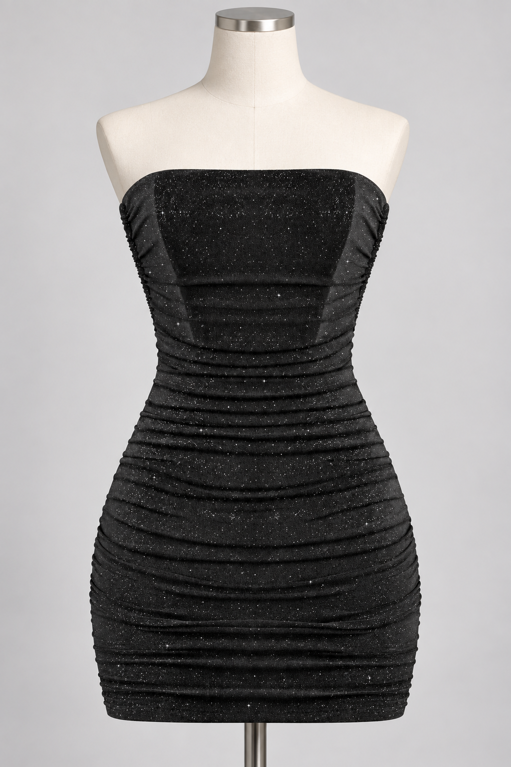 Standing Out Strapless Glitter Mini Dress Black on an ivory display mannequin; AI-generated styling visualization. Original product photos retained for reference.