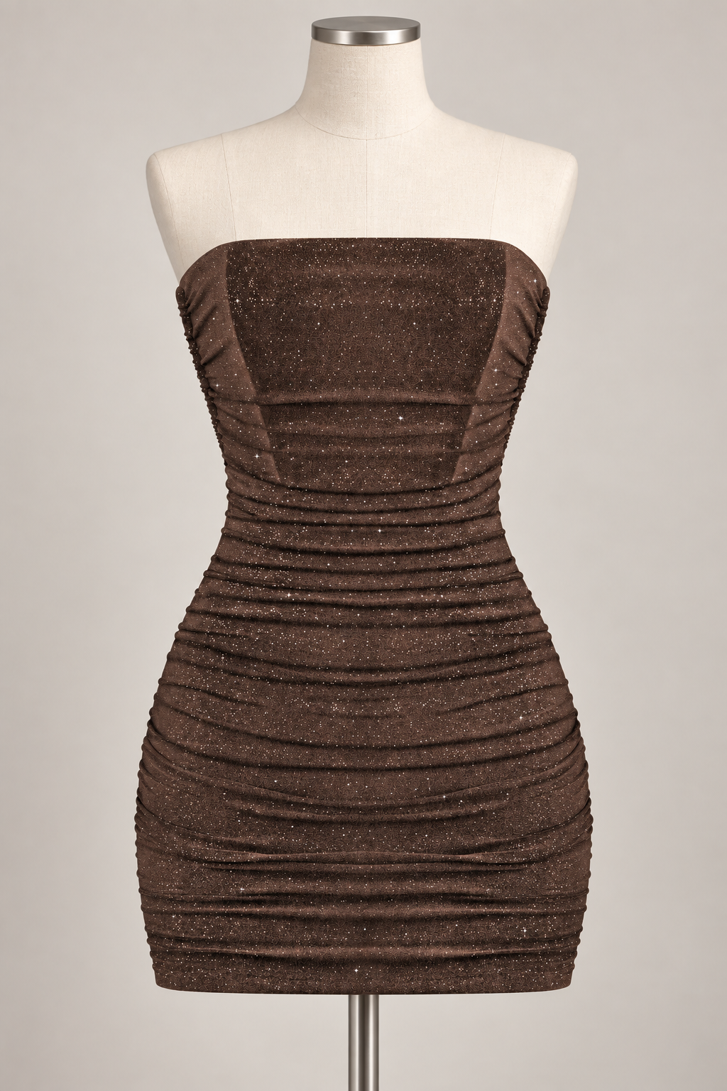 Standing Out Strapless Glitter Mini Dress Brown on an ivory dress form; AI-generated styling visualization. Refer to original product photos for garment details.