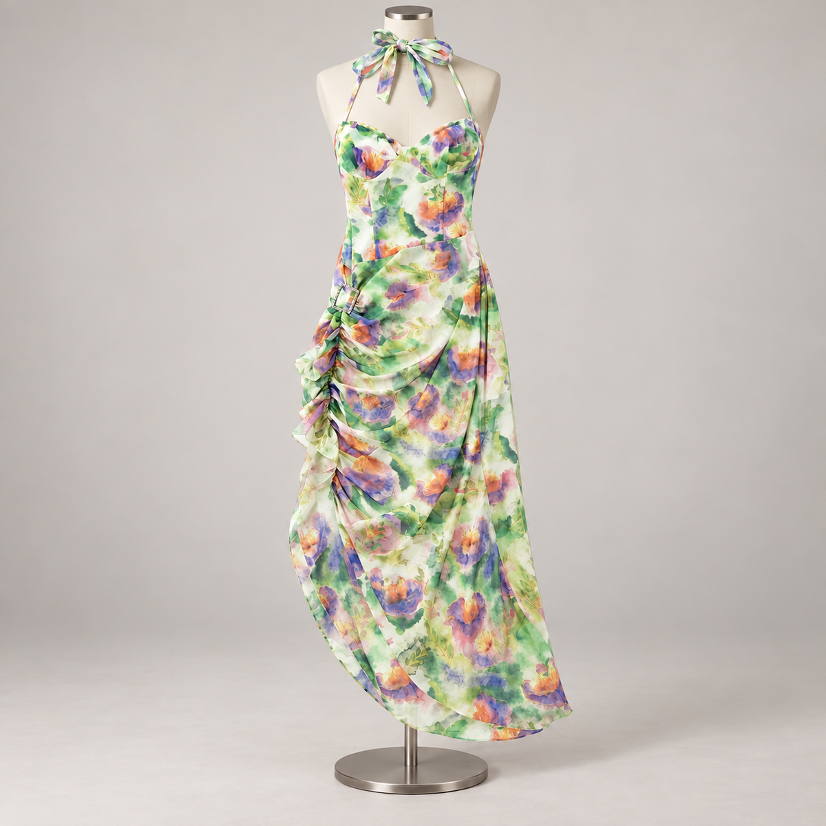 Summer of Love Floral Maxi Dress on an ivory dress form; AI-generated styling visualization. Refer to original product photos for garment details.