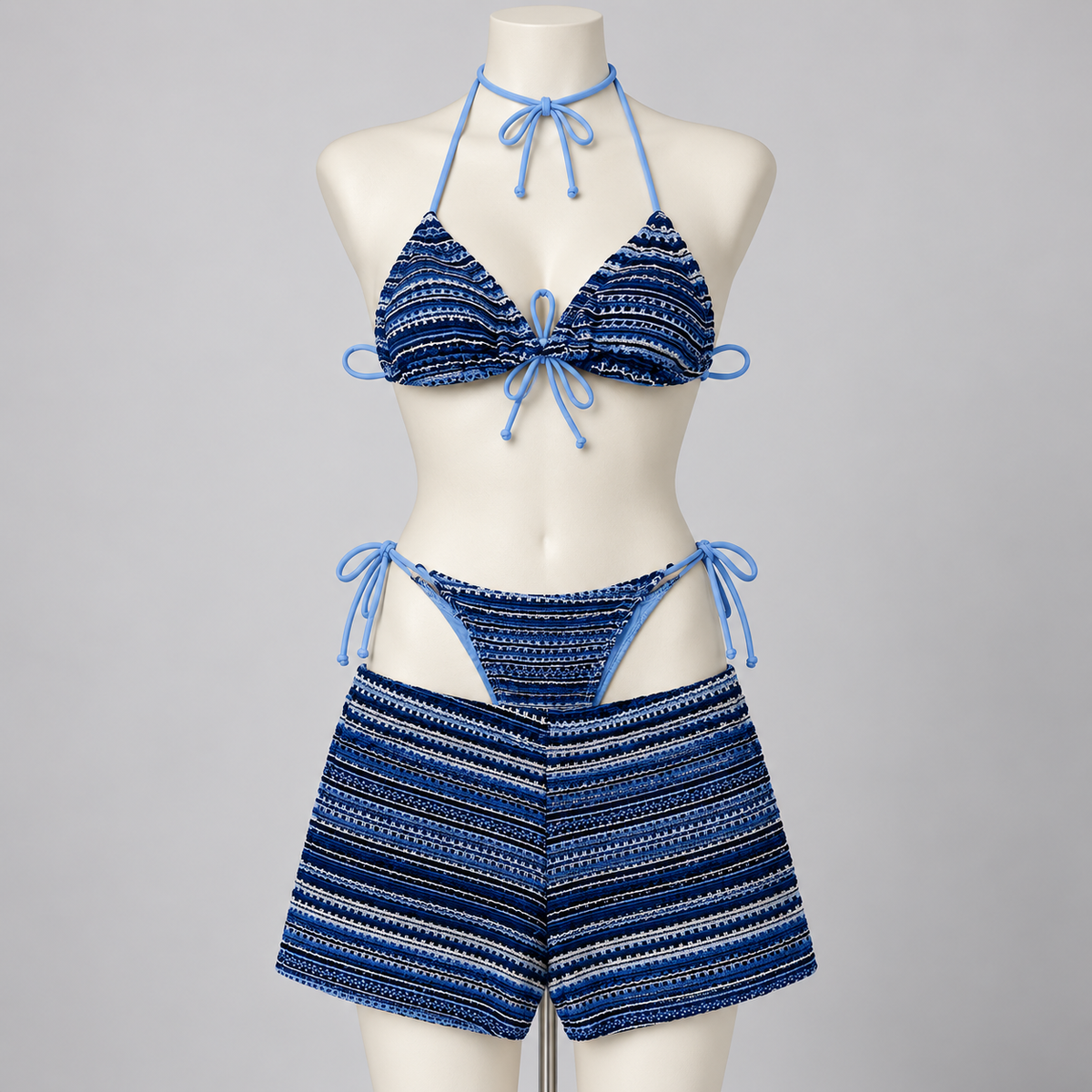 Sunset Mood Bikini Set Blue Stripe (NO PROMO) on an ivory display mannequin; AI-generated styling visualization. Original product photos retained for reference.