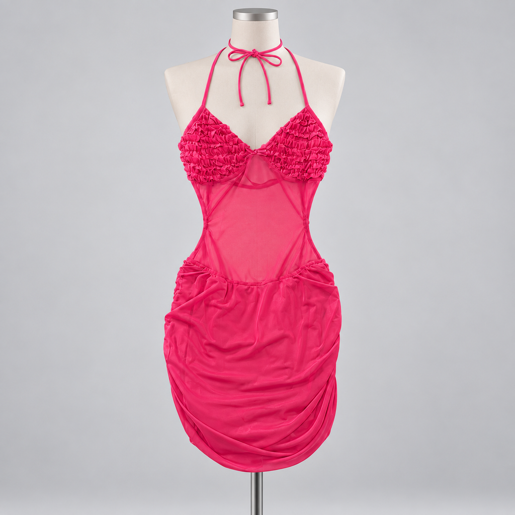 Viktoria Mesh Dress Hot Pink on an ivory display mannequin; AI-generated styling visualization. Original product photos retained for reference.