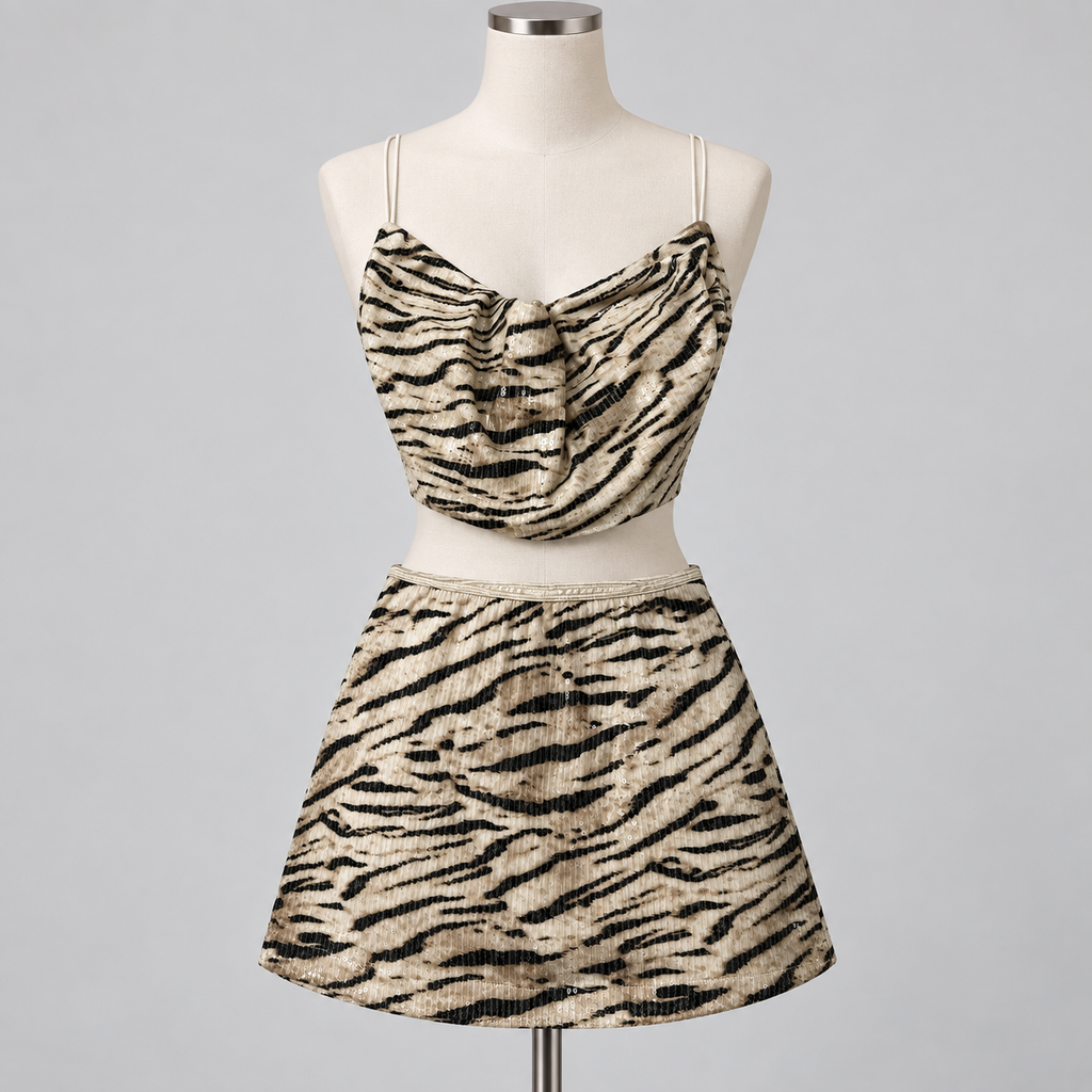 White Fox Sequin Two Piece Set Zebra on an ivory display mannequin; AI-generated styling visualization. Original product photos retained for reference.
